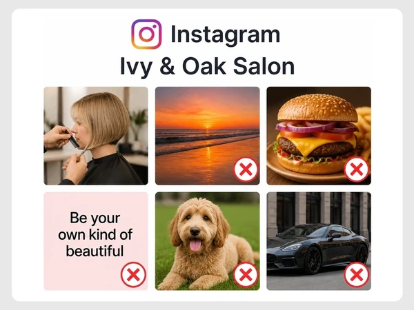 Ivy & Oak Salon shows an Instagram grid mixing a haircut, sunset, burger, quote, dog, and car.