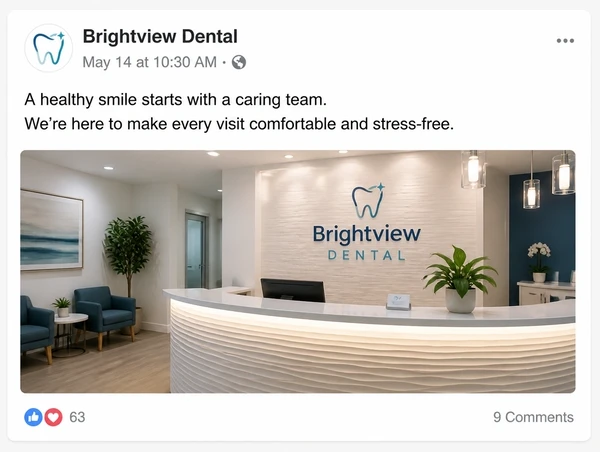 A single Facebook post from a dental clinic showing its reception photo and likes count