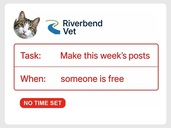 Riverbend Vet shows a weekly posting task scheduled for when someone is free and marked No Time Set.