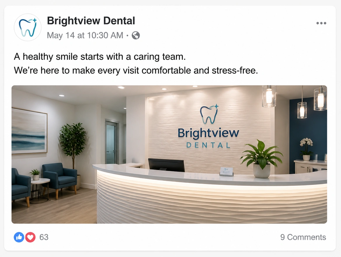 A single Facebook post from a dental clinic showing its reception photo and likes count