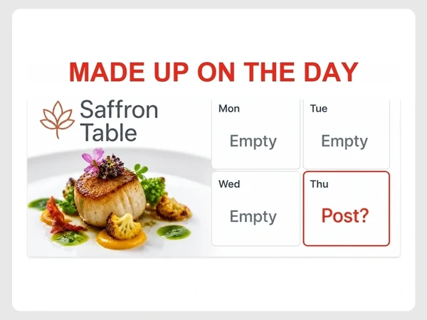 Saffron Table shows an empty weekly calendar with today's box reading Post beneath Made Up on the Day.