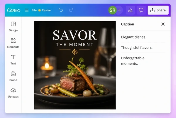 A fine dining restaurant social post being designed in Canva beside its written caption
