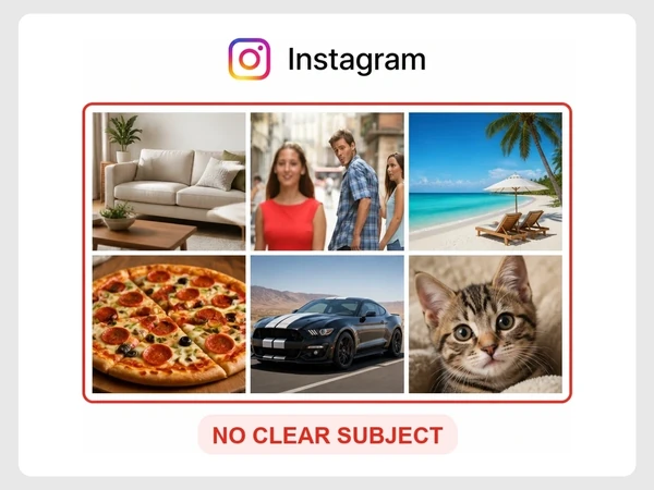 Oakline Furniture shows an Instagram grid mixing a sofa, meme, beach, pizza, car, and cat.