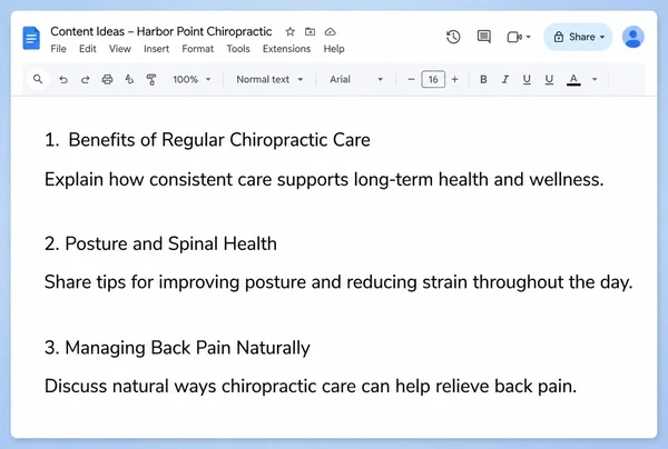 A Google Docs page listing three posting themes taken from a chiropractic clinic business