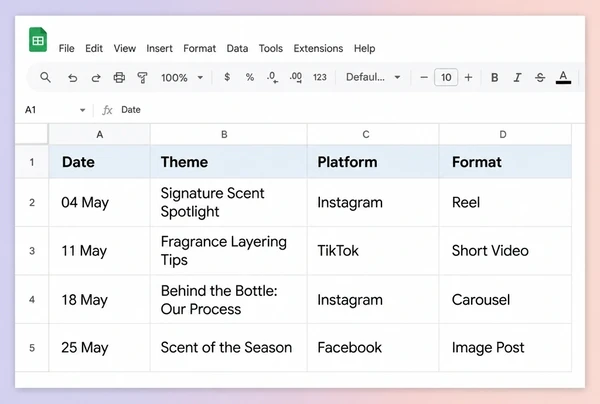A Google Sheets content plan for a perfumery with four rows of theme, platform and format