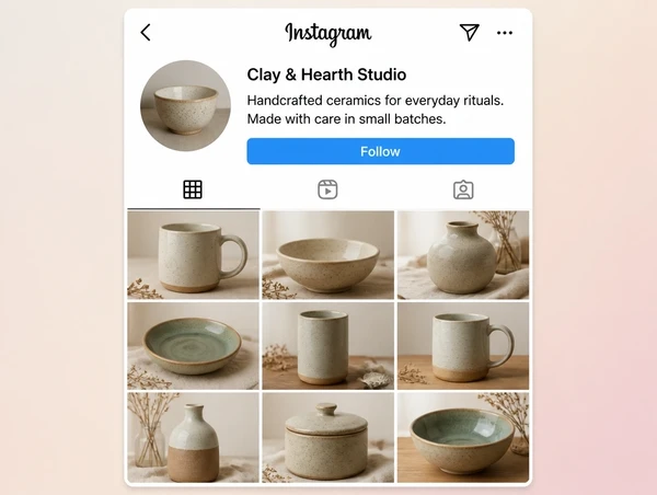 An Instagram profile for a ceramics studio with a consistent nine photograph grid