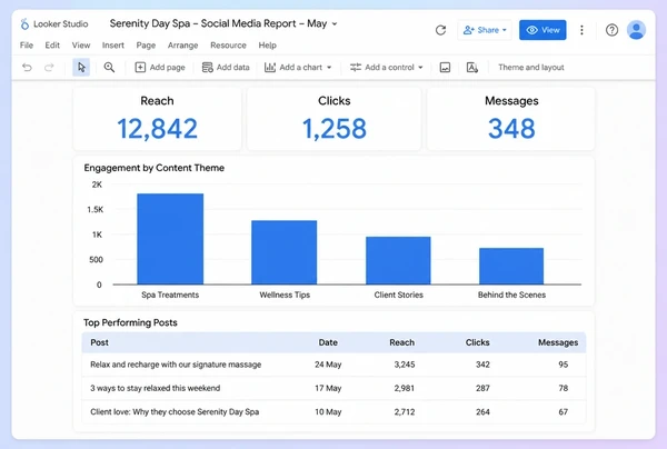 A one page Looker Studio report showing reach, clicks and messages for a day spa