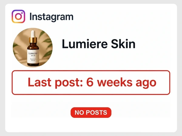 Lumiere Skin shows its last Instagram post was six weeks ago, outlined red and marked No Posts.