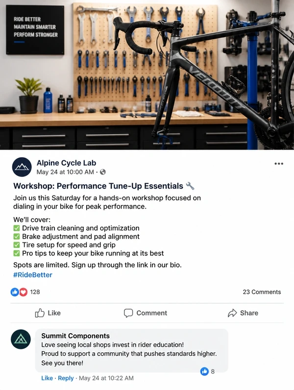 A social post from a cycle workshop with its caption, likes and a comment from another business