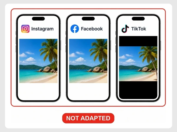 Wayfarer Journeys shows identical square beach artwork on Instagram, Facebook, and TikTok, with black bars on TikTok.