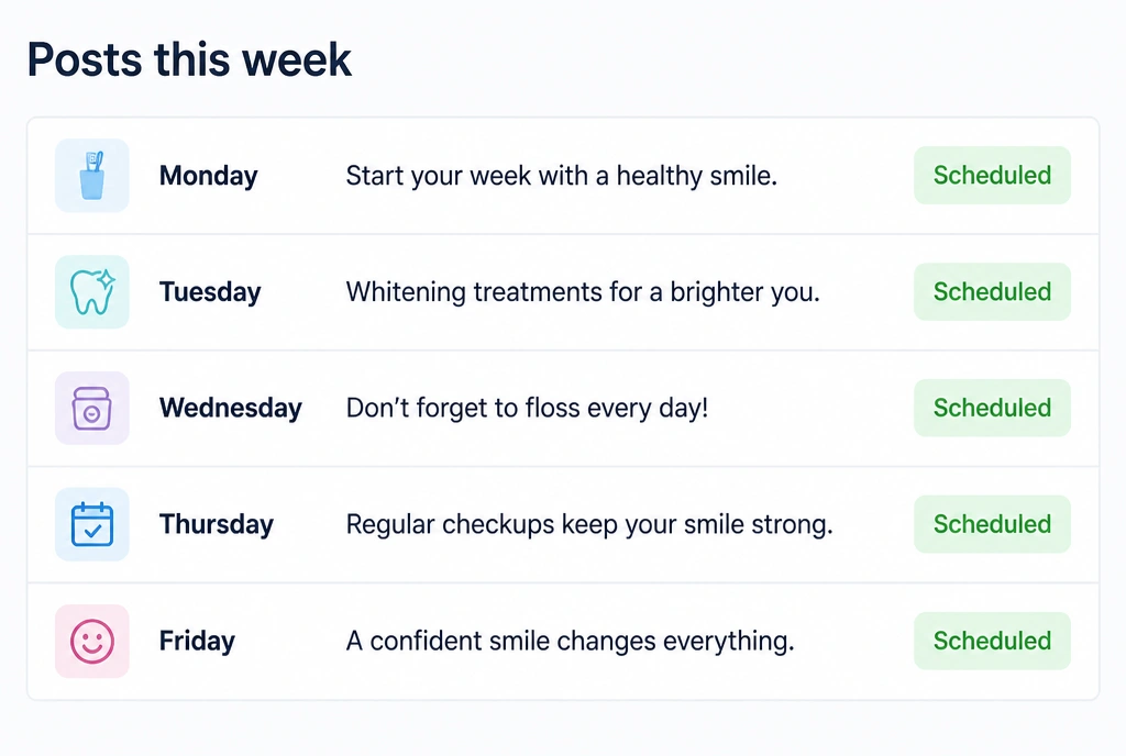 A panel of five dental posts, Monday to Friday, each with a caption and a Scheduled pill