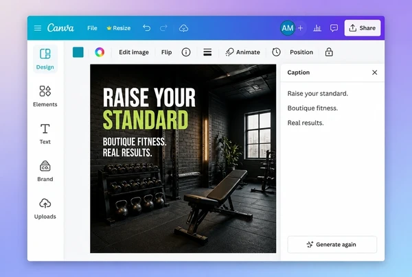 A boutique gym social post being designed in Canva beside its written caption