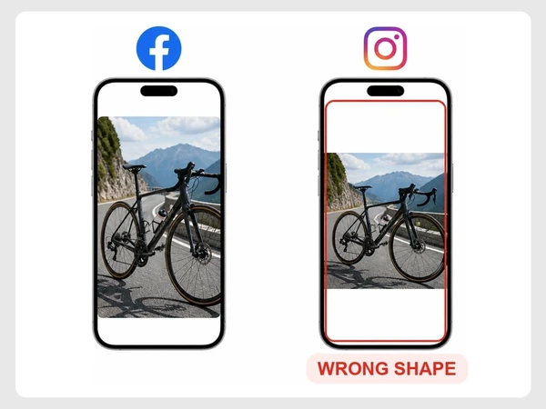 Velocity Cycles shows one square bike image on Facebook and between empty bands in Instagram Stories.
