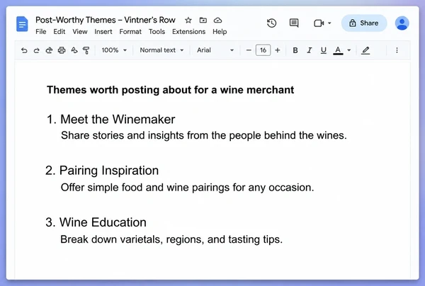 A Google Docs page listing three posting themes taken from a wine merchant business