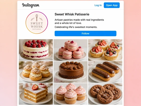 An Instagram profile for a patisserie with a consistent nine photograph grid