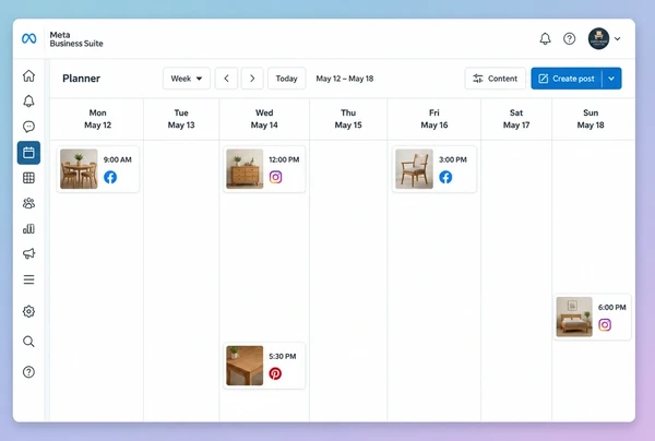 A Meta Business Suite Planner week holding five scheduled furniture maker posts