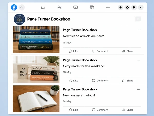 Three recent posts on a bookshop Facebook Page dated days apart