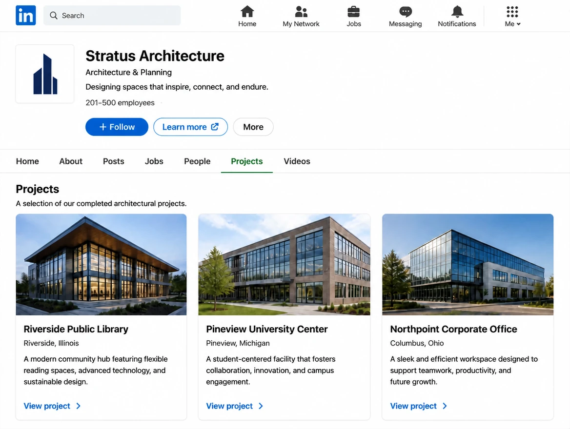 A LinkedIn company page showing three completed architecture projects