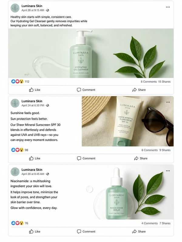 A Facebook page feed showing three skincare posts with written captions