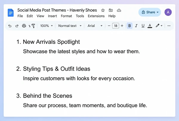 A Google Docs page listing three posting themes taken from a shoe boutique business