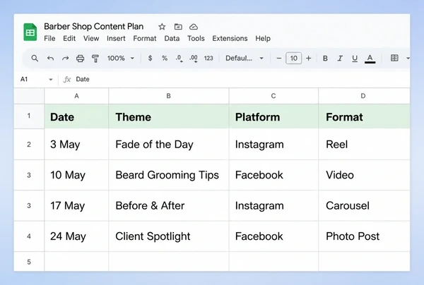 A Google Sheets content plan for a barber shop with four rows of theme, platform and format