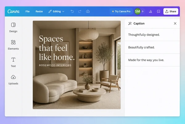 An interior design studio social post being designed in Canva beside its written caption