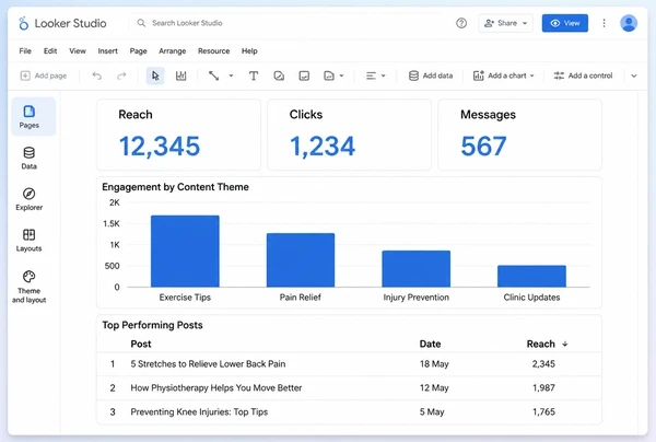 A one page Looker Studio report showing reach, clicks and messages for a physiotherapy practice