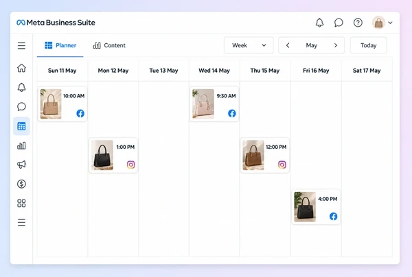 A Meta Business Suite Planner week holding five scheduled handbag brand posts