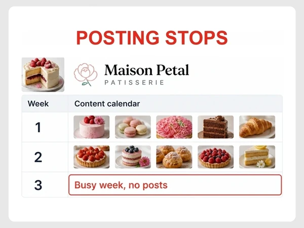 Maison Petal shows posts in weeks one and two, then an empty busy week with no posts.