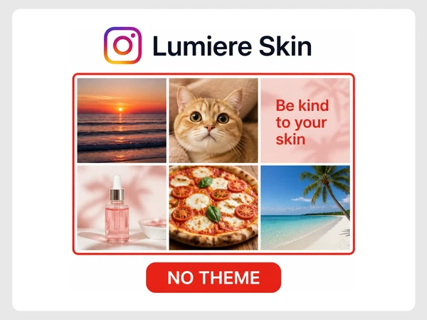 Lumiere Skin's Instagram grid mixes unrelated sunset, cat, quote, serum, pizza, and beach photos without a theme.