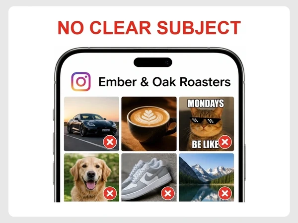 Ember & Oak Roasters shows an Instagram grid mixing a car, latte, meme, dog, sneaker, and mountain.