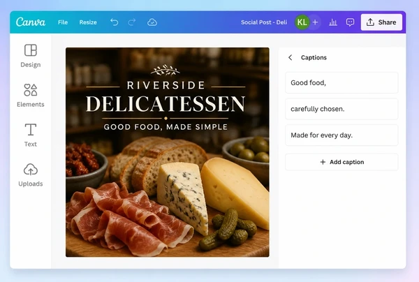 A delicatessen social post being designed in Canva beside its written caption