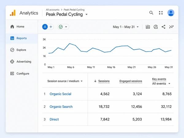 A Google Analytics table showing social visits arriving at a performance cycling website