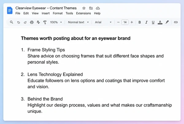 A Google Docs page listing three posting themes taken from an eyewear brand business