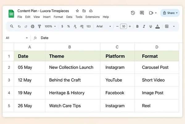 A Google Sheets content plan for a luxury watch retailer with four rows of theme, platform and format