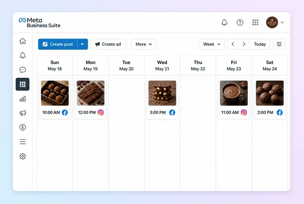 A Meta Business Suite Planner week holding five scheduled chocolate maker posts