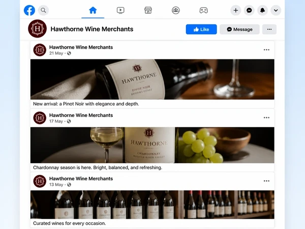 Three recent posts on a wine merchant Facebook Page dated days apart