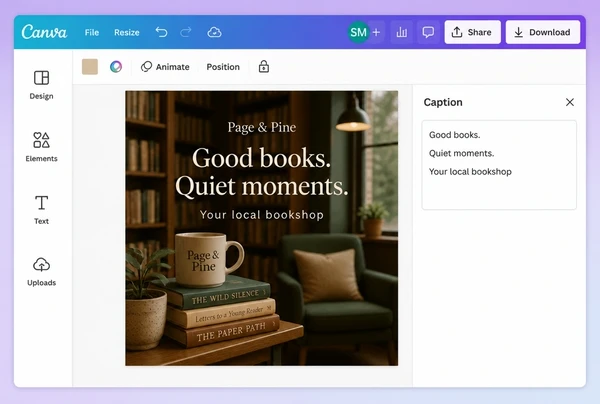 A bookshop social post being designed in Canva beside its written caption
