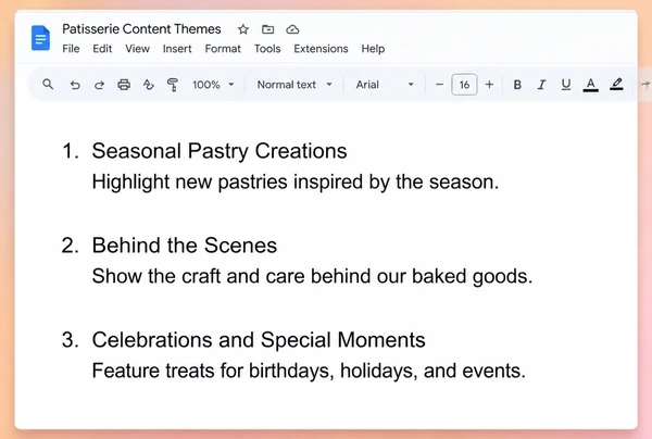A Google Docs page listing three posting themes taken from a patisserie business