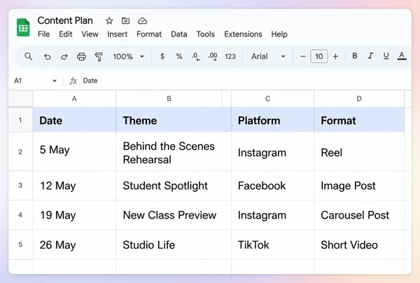 A Google Sheets content plan for a dance studio with four rows of theme, platform and format