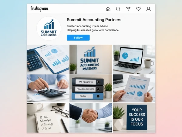 An Instagram profile for an accountancy practice with a consistent nine photograph grid