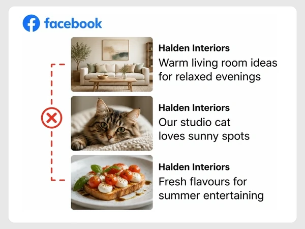 Halden Interiors shows Facebook posts of a living room, cat, and food linked by a broken red line.