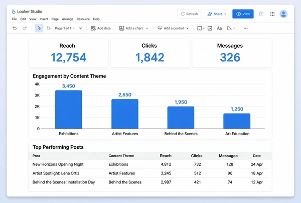 A one page Looker Studio report showing reach, clicks and messages for an art gallery