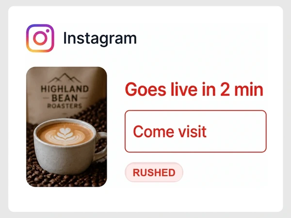 Highland Bean Roasters shows an Instagram post going live in two minutes with only Come visit as its caption.