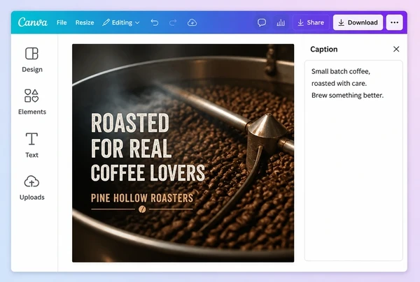 A coffee roastery social post being designed in Canva beside its written caption
