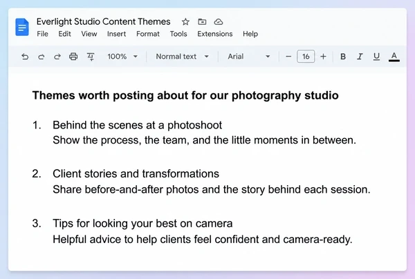 A Google Docs page listing three posting themes taken from a photography studio business