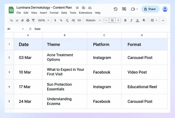 A Google Sheets content plan for a dermatology clinic with four rows of theme, platform and format