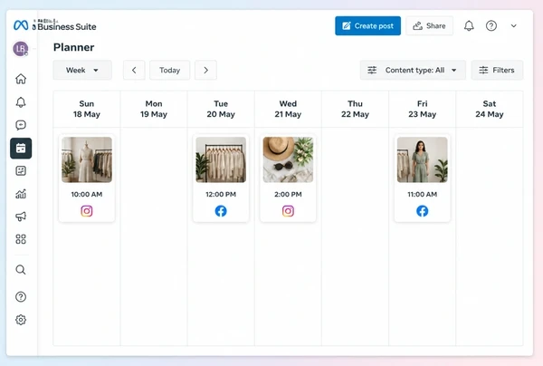 A Meta Business Suite Planner week holding five scheduled fashion boutique posts
