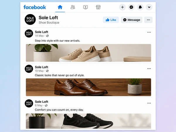 Three recent posts on a shoe boutique Facebook Page dated days apart