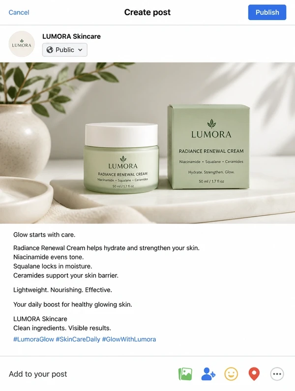 A social post composer with a skincare product photograph above the finished caption
